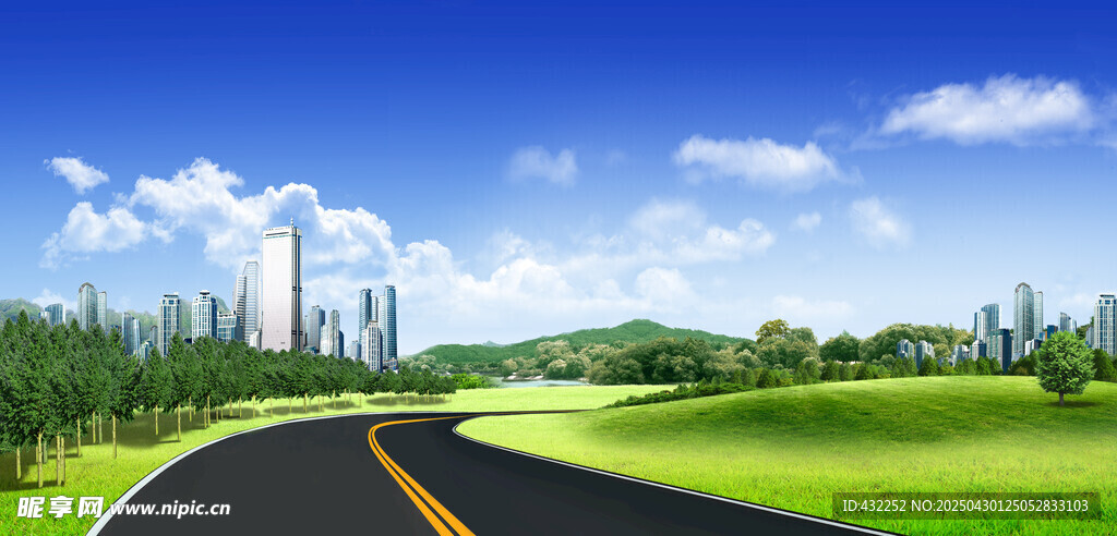 蓝天白云草地公路