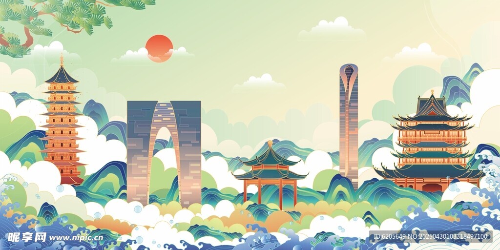 国潮山水国风水墨风景 