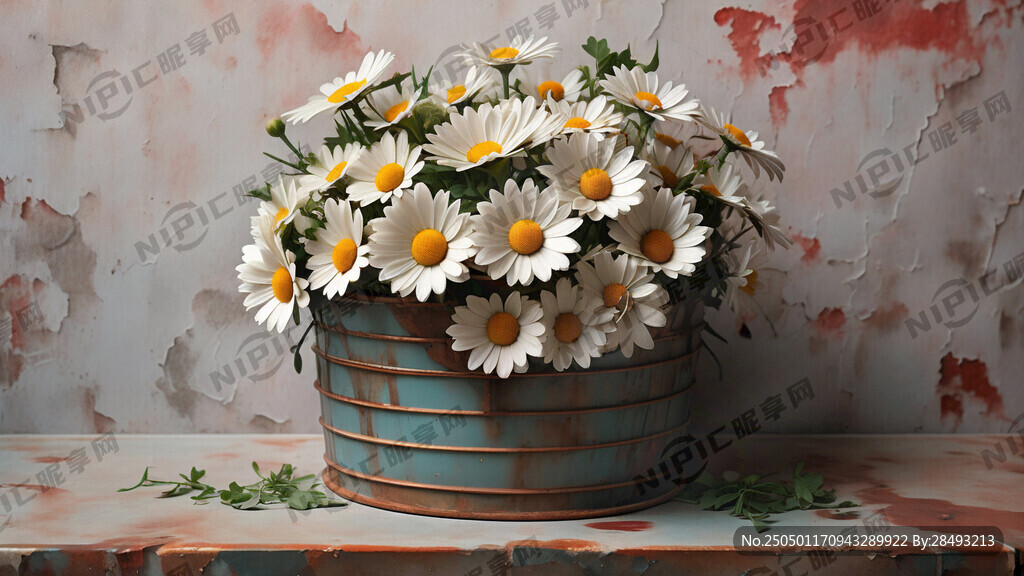 锈迹铁皮花桶 一束雏菊插花