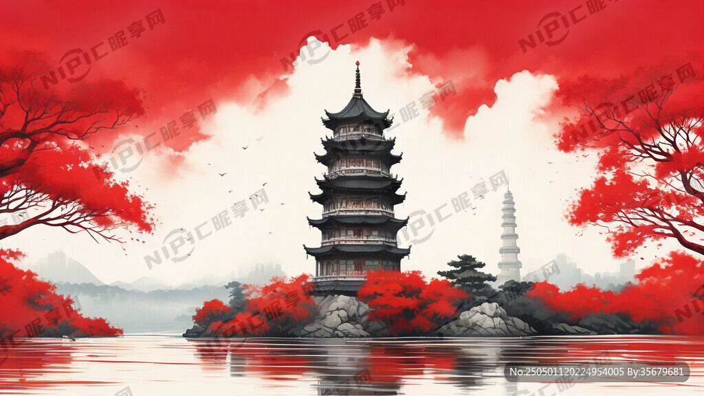 西湖雷峰塔 红色画布