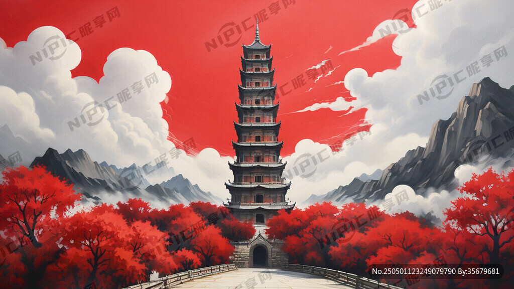 雷峰塔 画山 画白云 画树。