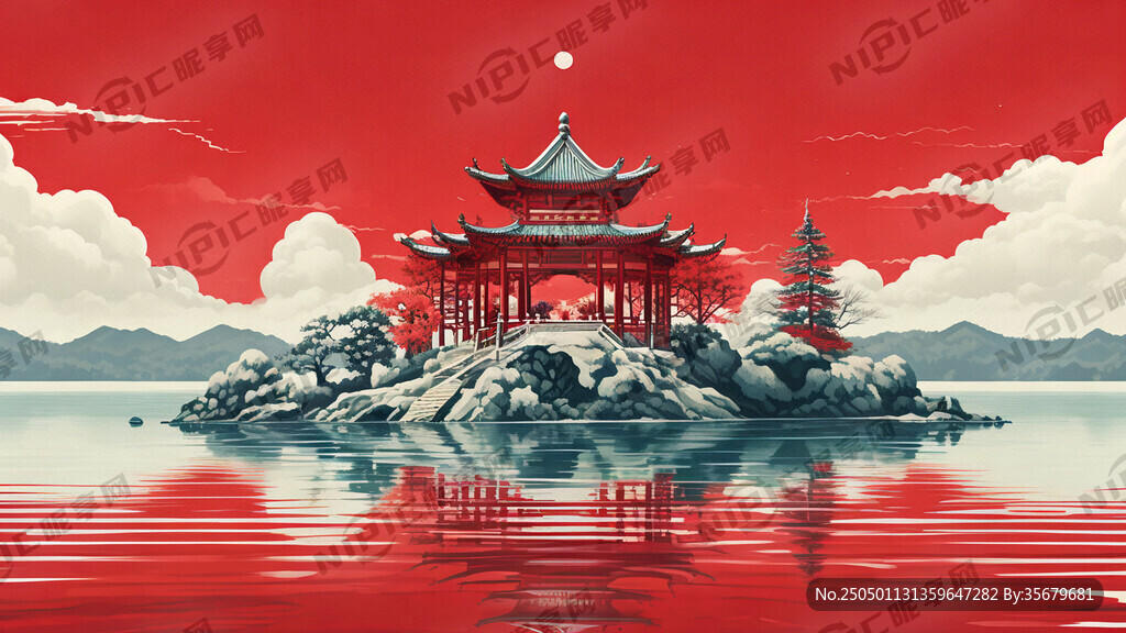 西湖三潭印月 红白线条风格