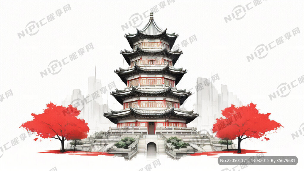 雷峰塔 线描画 红底白线。