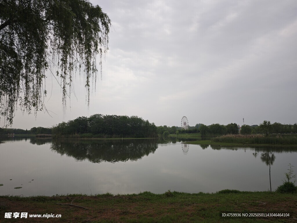 湖畔阴天景色  摩天轮