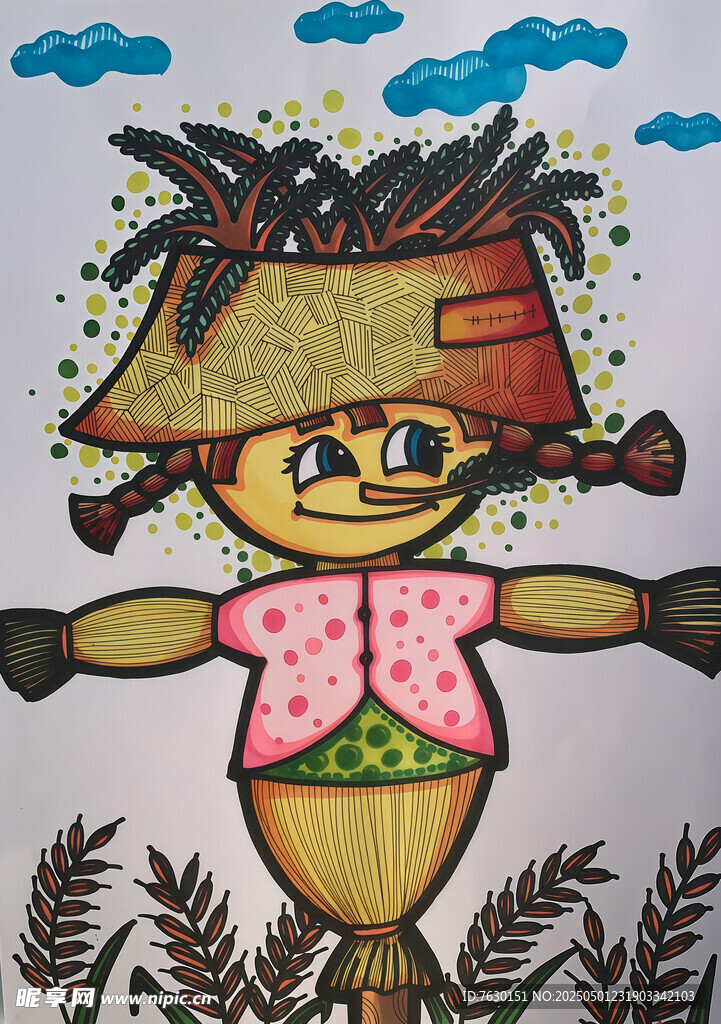 手绘可爱稻草人插画