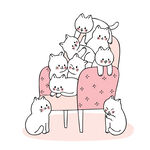 一群猫咪挤在粉色椅子上