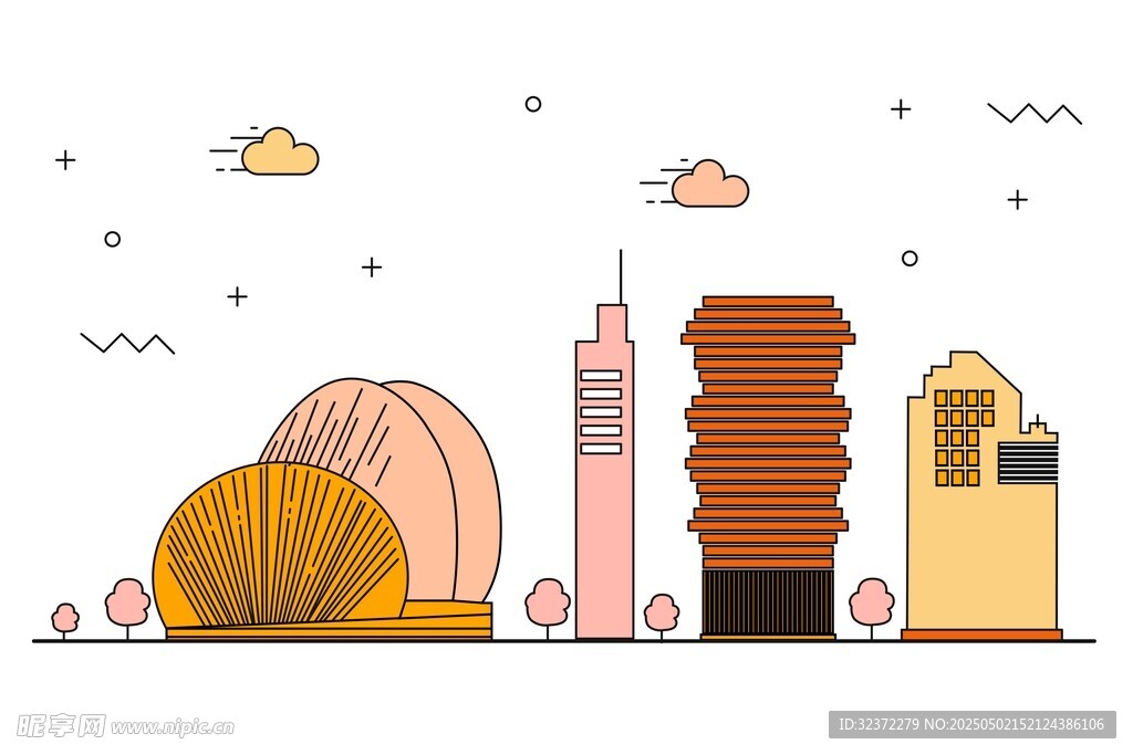 城市地标建筑卡通插画