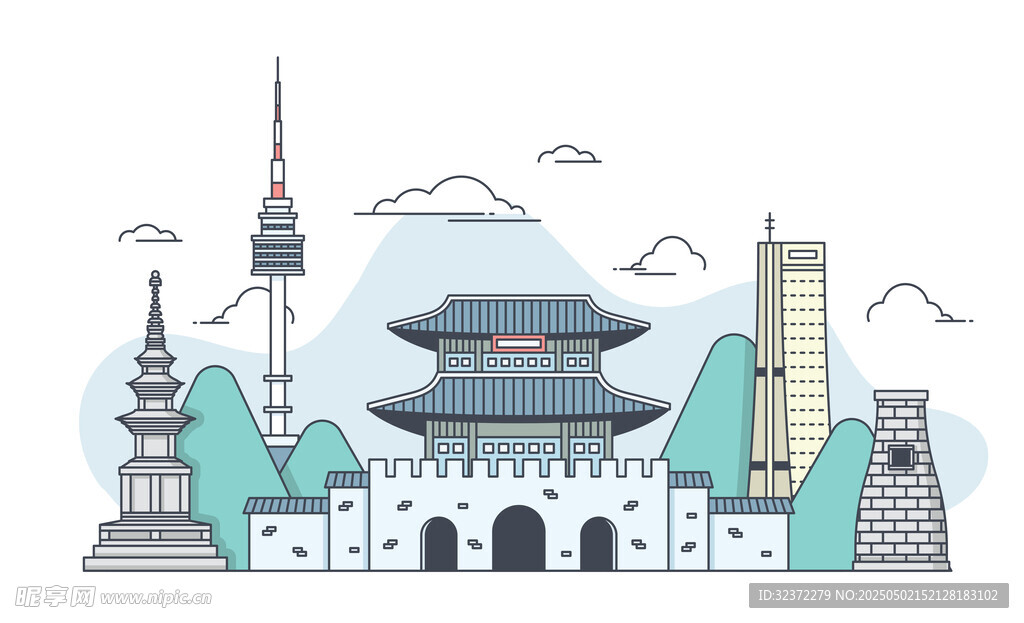 首尔城市地标建筑插画