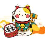 招财猫与达摩摆件插画
