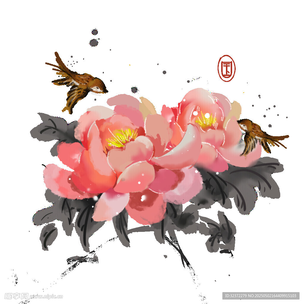 水墨牡丹双鸟图