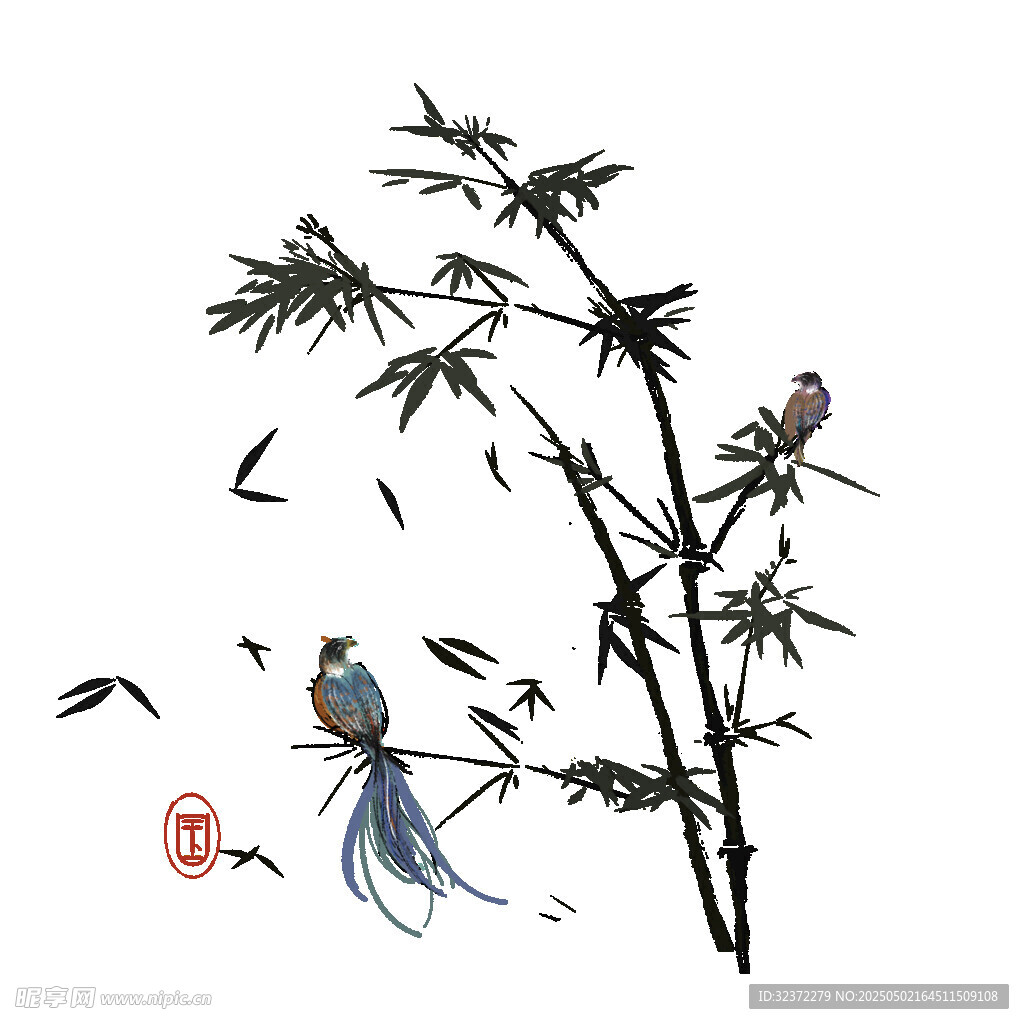 竹枝栖鸟图
