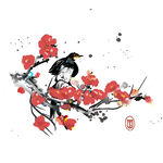 枝头鹊影 水墨红梅图