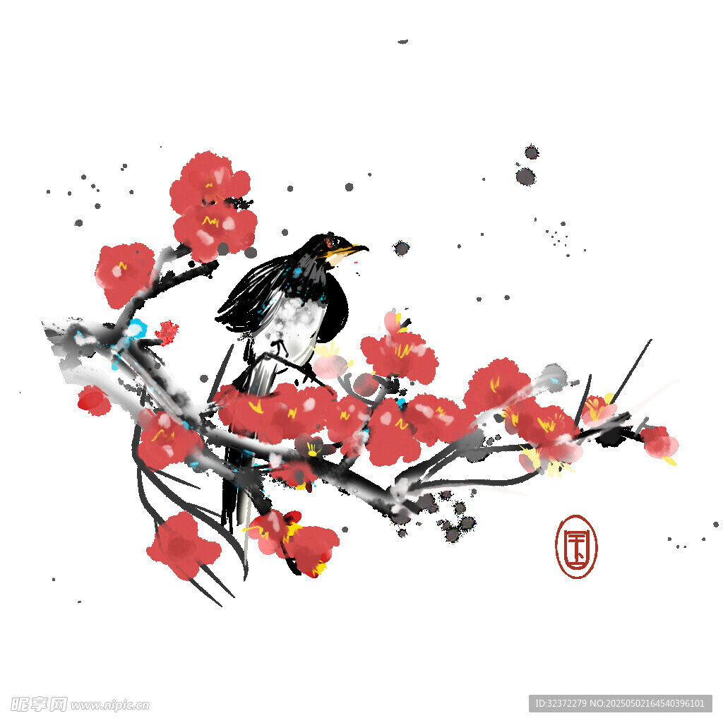 枝头鹊影 水墨红梅图