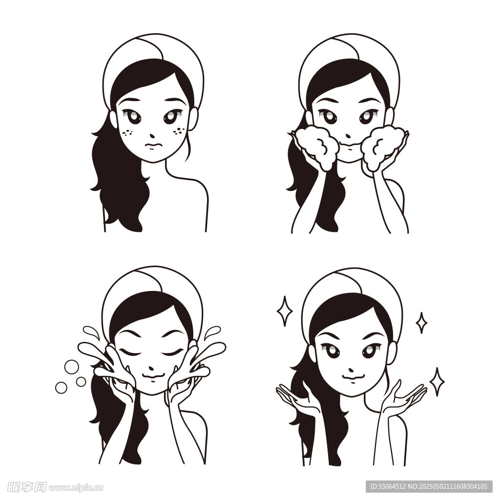 女孩护肤表情祛痘系列插画