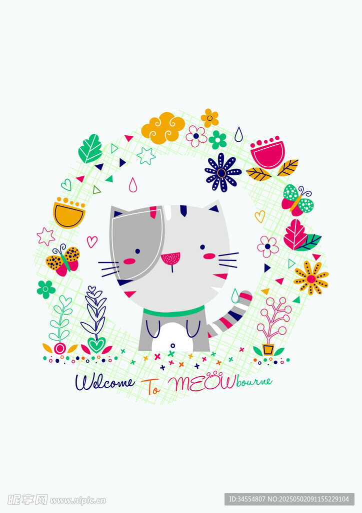 可爱猫咪与多彩花卉图案
