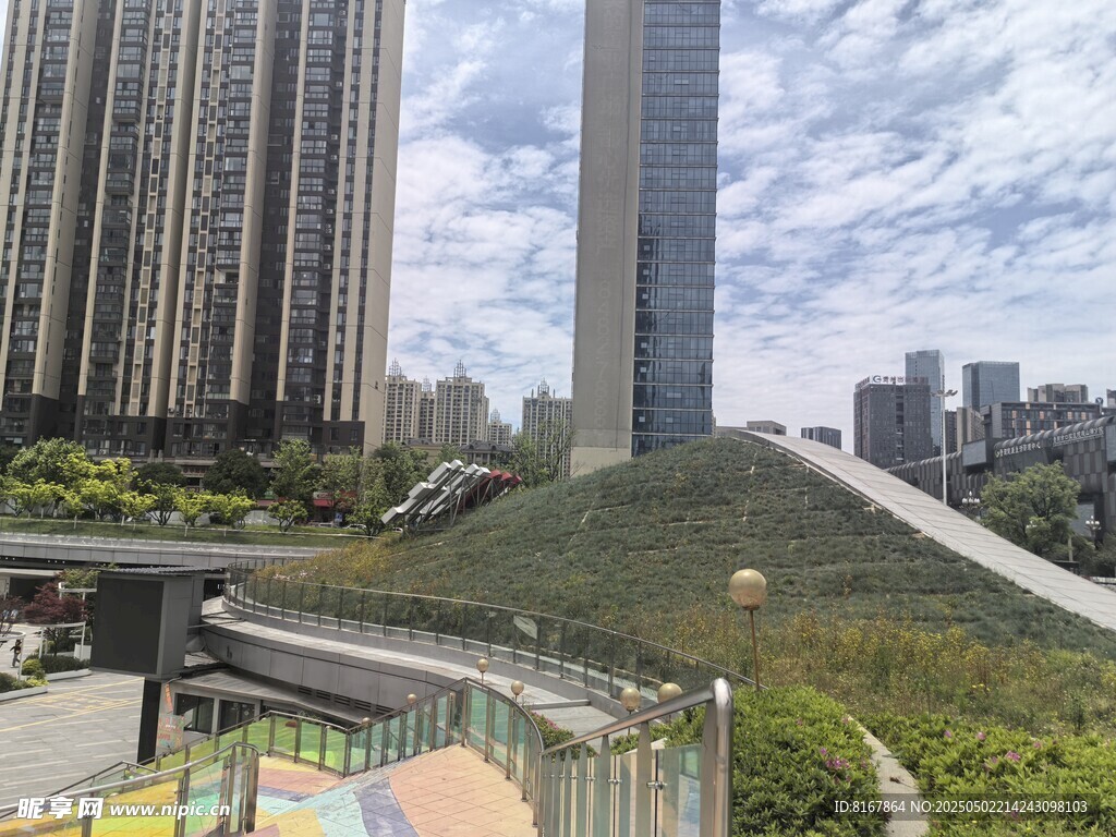 城市高楼旁的景观区域