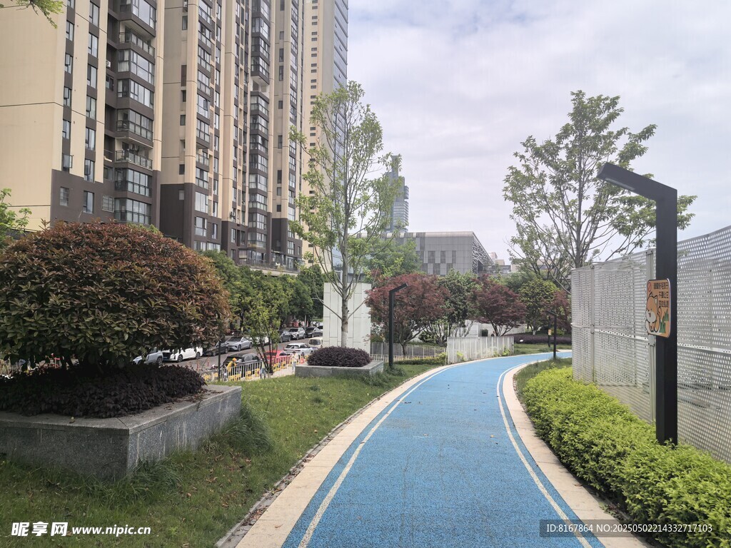 小区内的蓝色景观步道