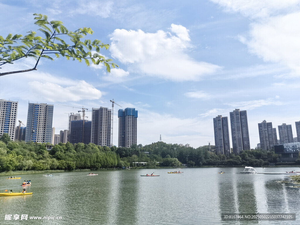 湖畔高楼林立的城市风光