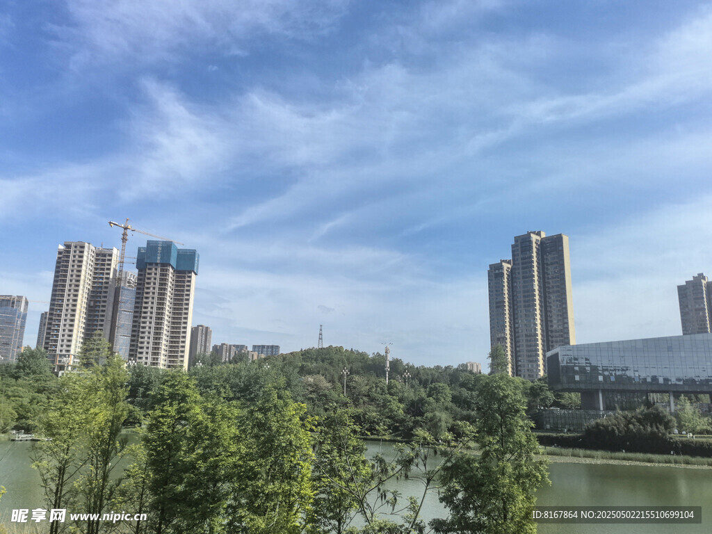 湖畔高楼与葱郁绿树景观