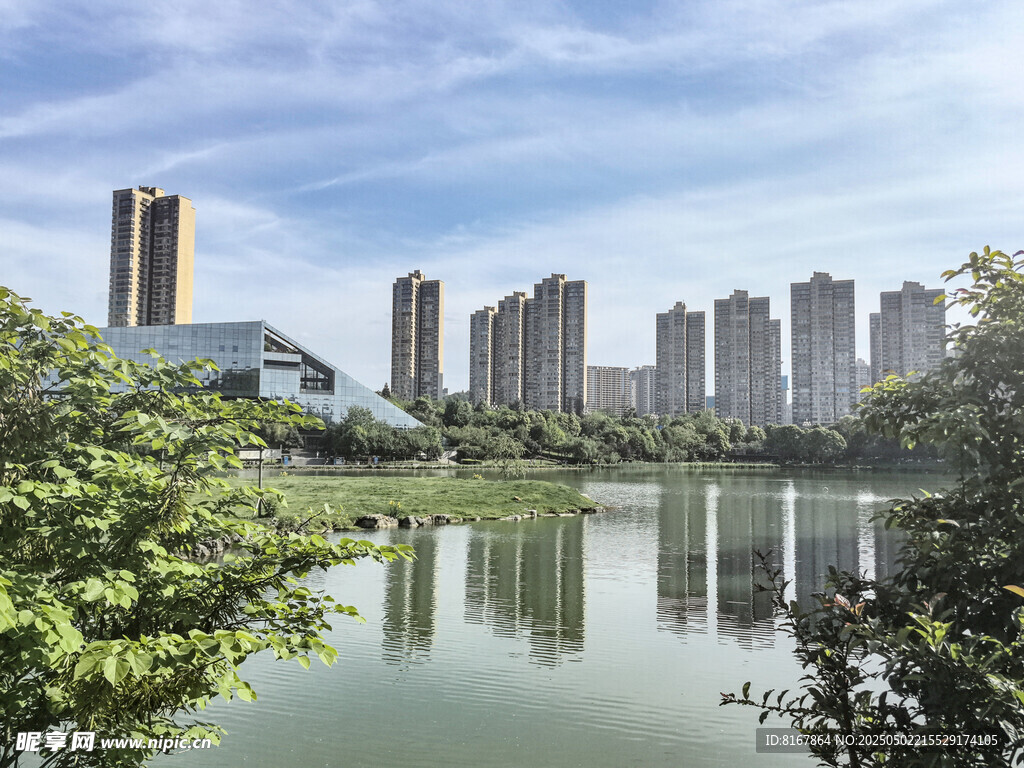 湖畔高楼林立的城市风光