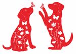 双犬戏蝶剪纸艺术图案