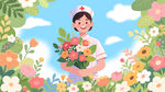 护士手持鲜花置身花丛中