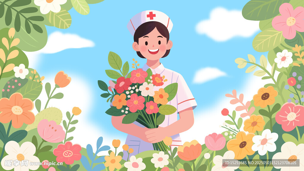 护士手持鲜花置身花丛中