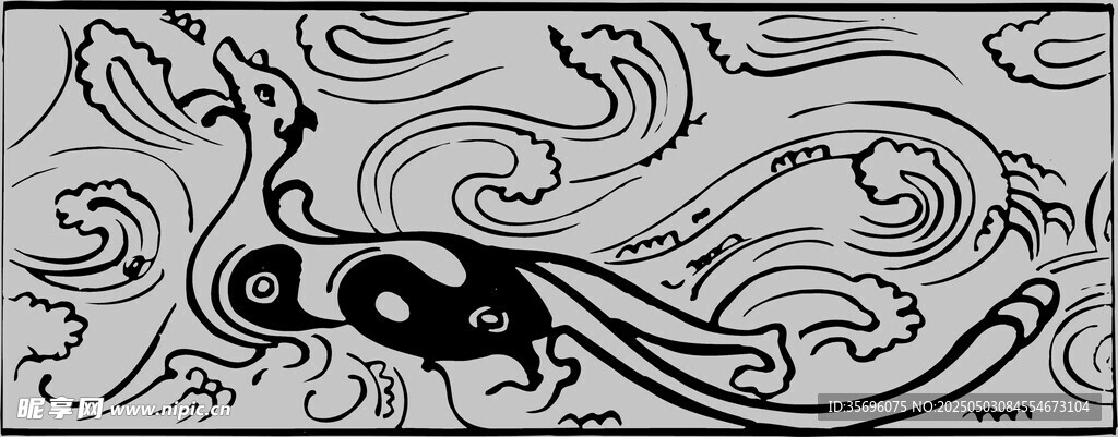 黑白海浪与神秘生物图案