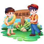 禁止游泳警示牌前的孩子