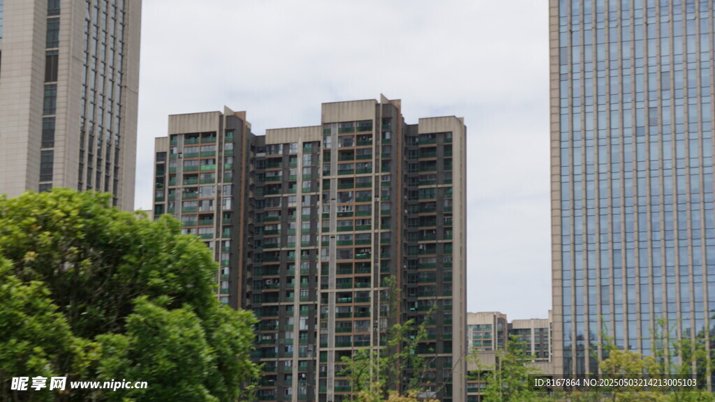 城市高楼与绿树景观