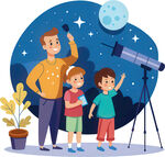 父亲带孩子夜晚观星