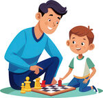 父亲陪孩子下棋欢乐时光