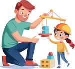 父亲陪孩子玩建筑玩具