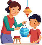母子共制灯笼享温馨时光
