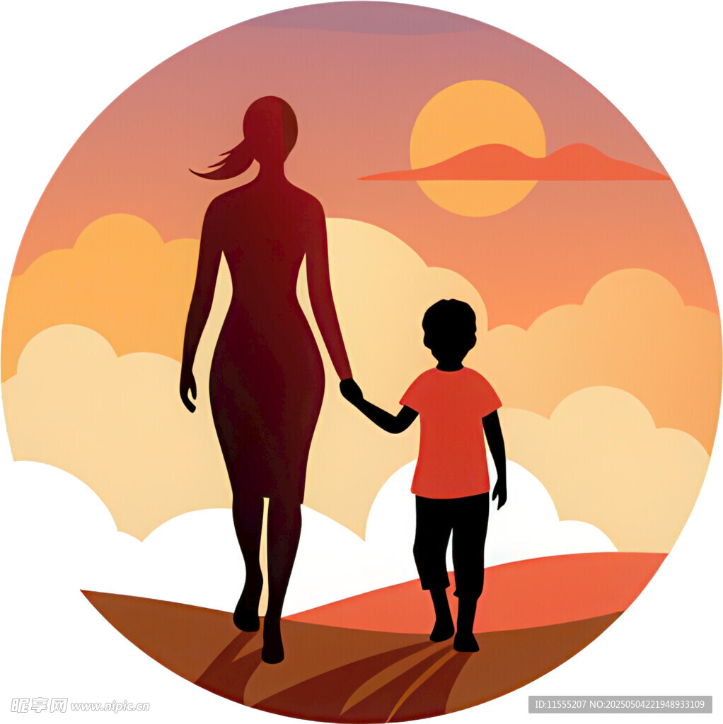 夕阳下母子温馨漫步