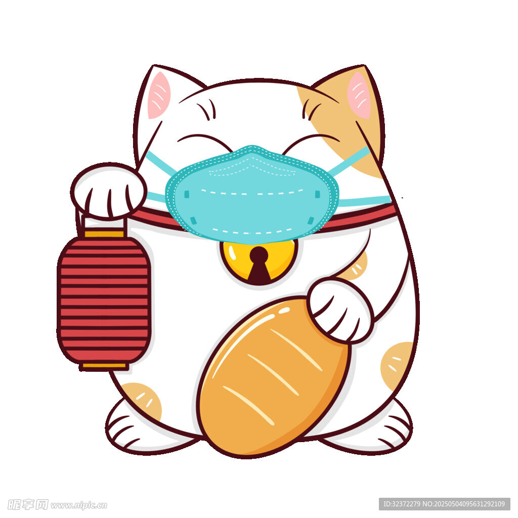 招财猫手持灯笼戴口罩