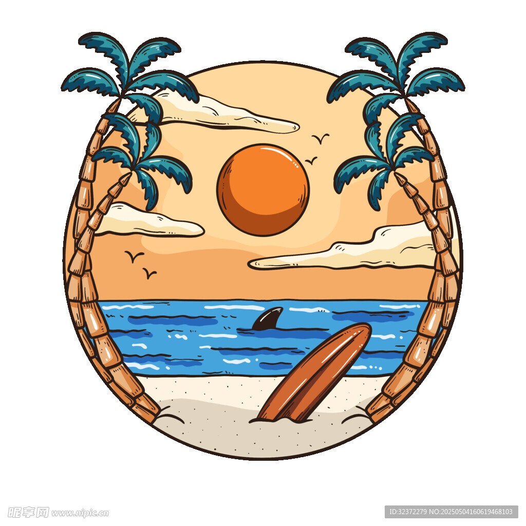 夏日海滩冲浪风景插画
