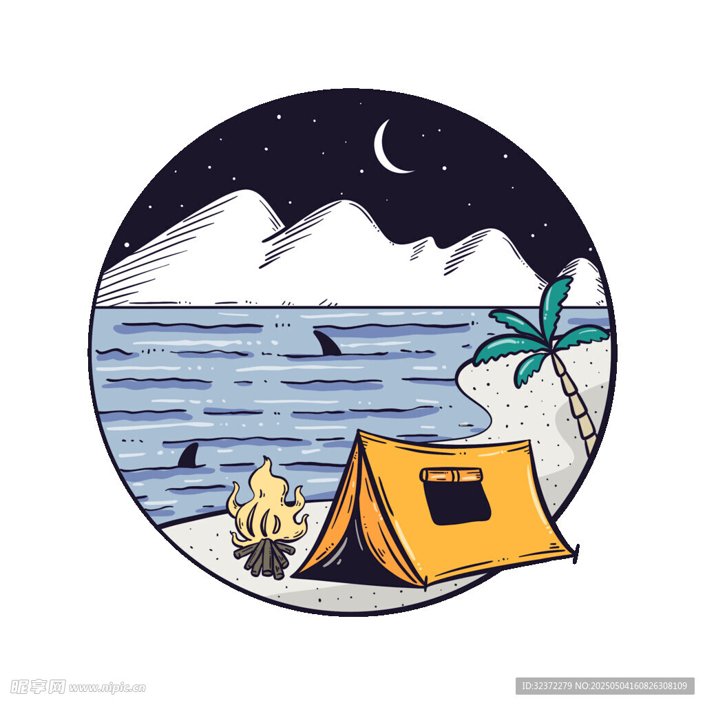 夜晚海边露营场景