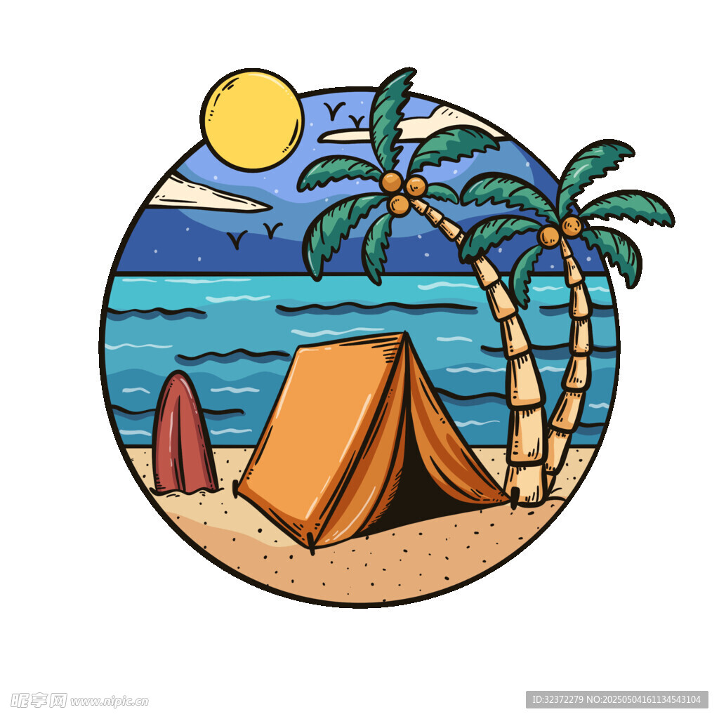 海滩露营风景插画