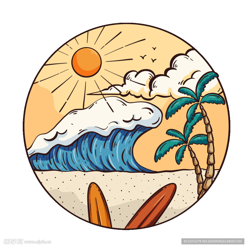 夏日海滩冲浪风景插画