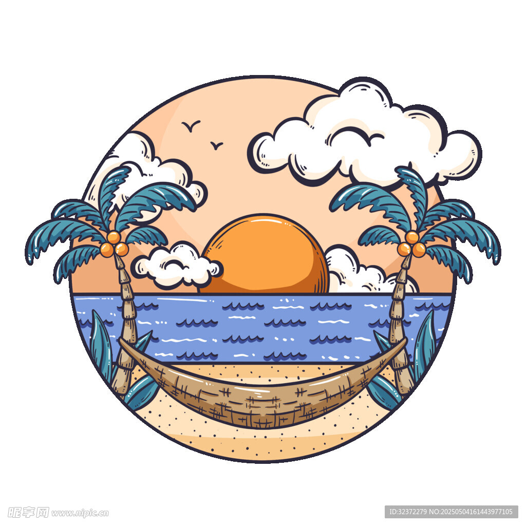 海边日落与椰树吊床美景