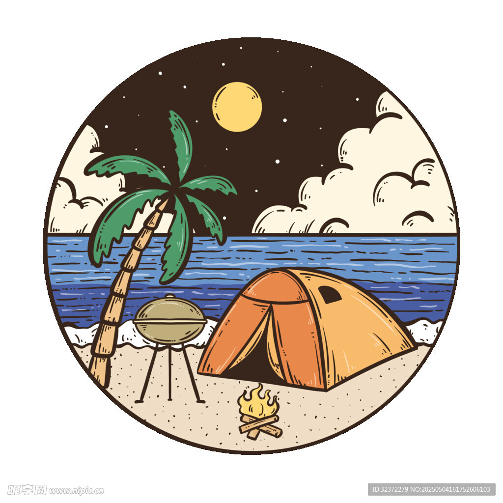 海边月夜露营场景