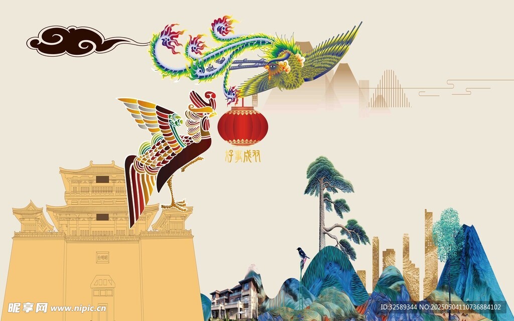 传统国风插画背景墙  