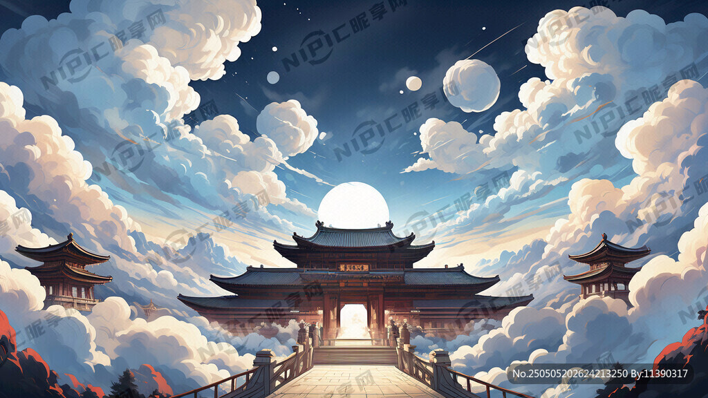 用简单线条勾勒天宫场景 有云朵