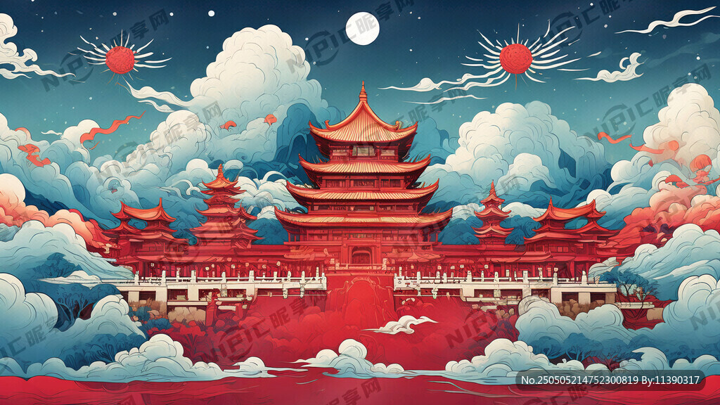 国潮线稿。有天空 云朵 古建