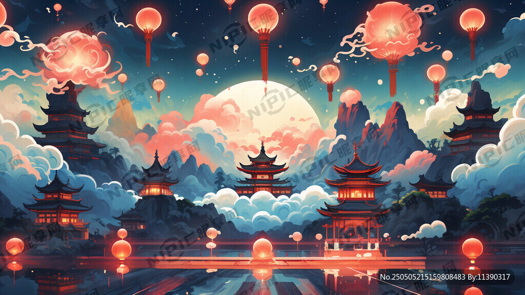 国潮霓虹灯画。有天空 云朵