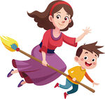 母子骑扫帚欢乐飞行