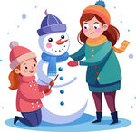 冬日母女开心堆雪人