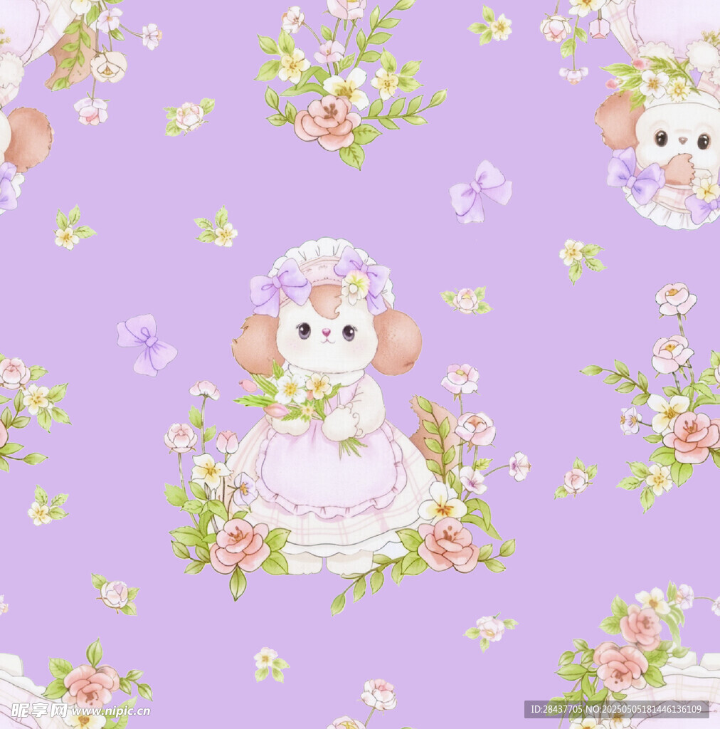 紫色背景可爱小狗花卉图案