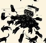 抽象黑猫与破碎建筑画面